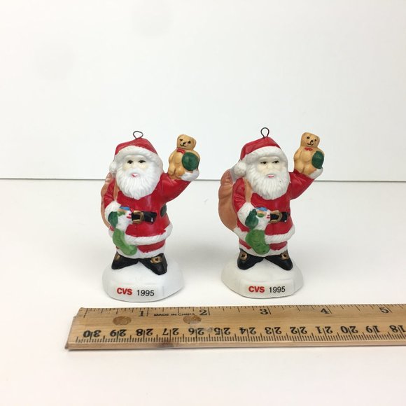 2 Vtg 1995 CVS Santa w Bear Christmas Holiday Ornaments Ceramic Collectible - Picture 1 of 10